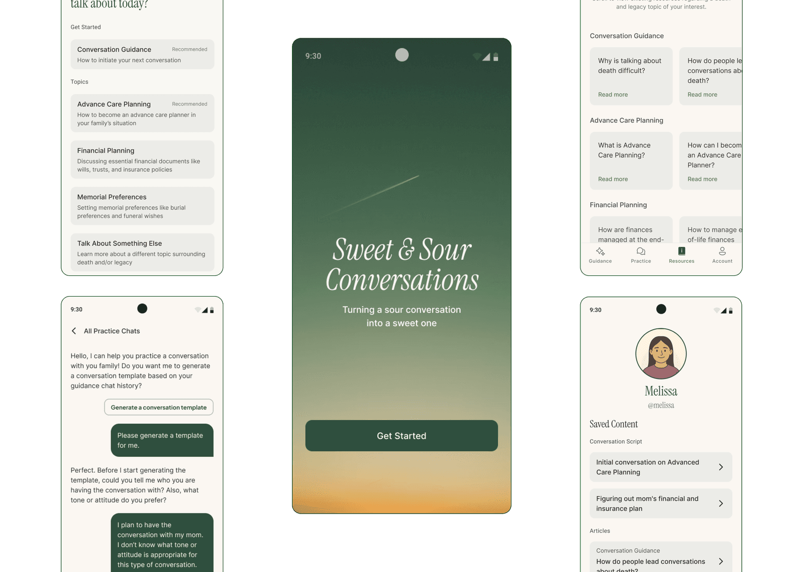 Sweet & Sour app screens: the "Sweet & Sour Conversations" welcome screen, conversation topics, an AI practice chat, and a parent’s profile.