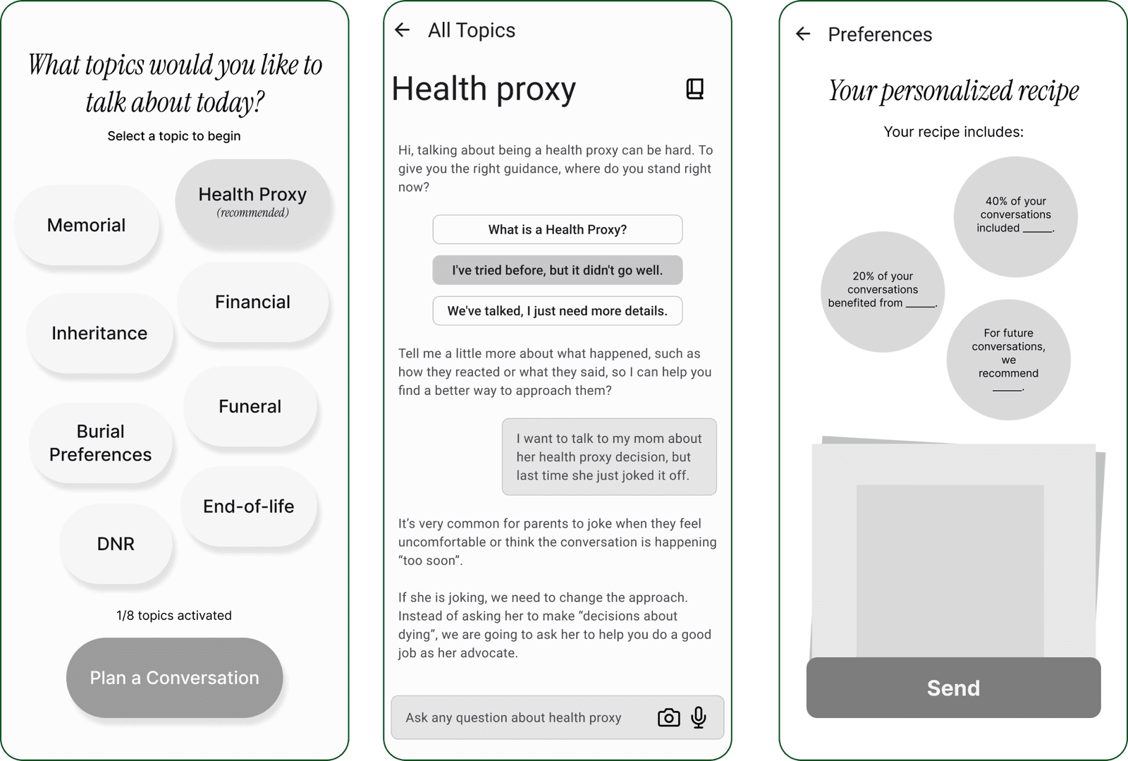 Recipe concept: picking topics, a Health proxy guide, and a personalized conversation recipe.