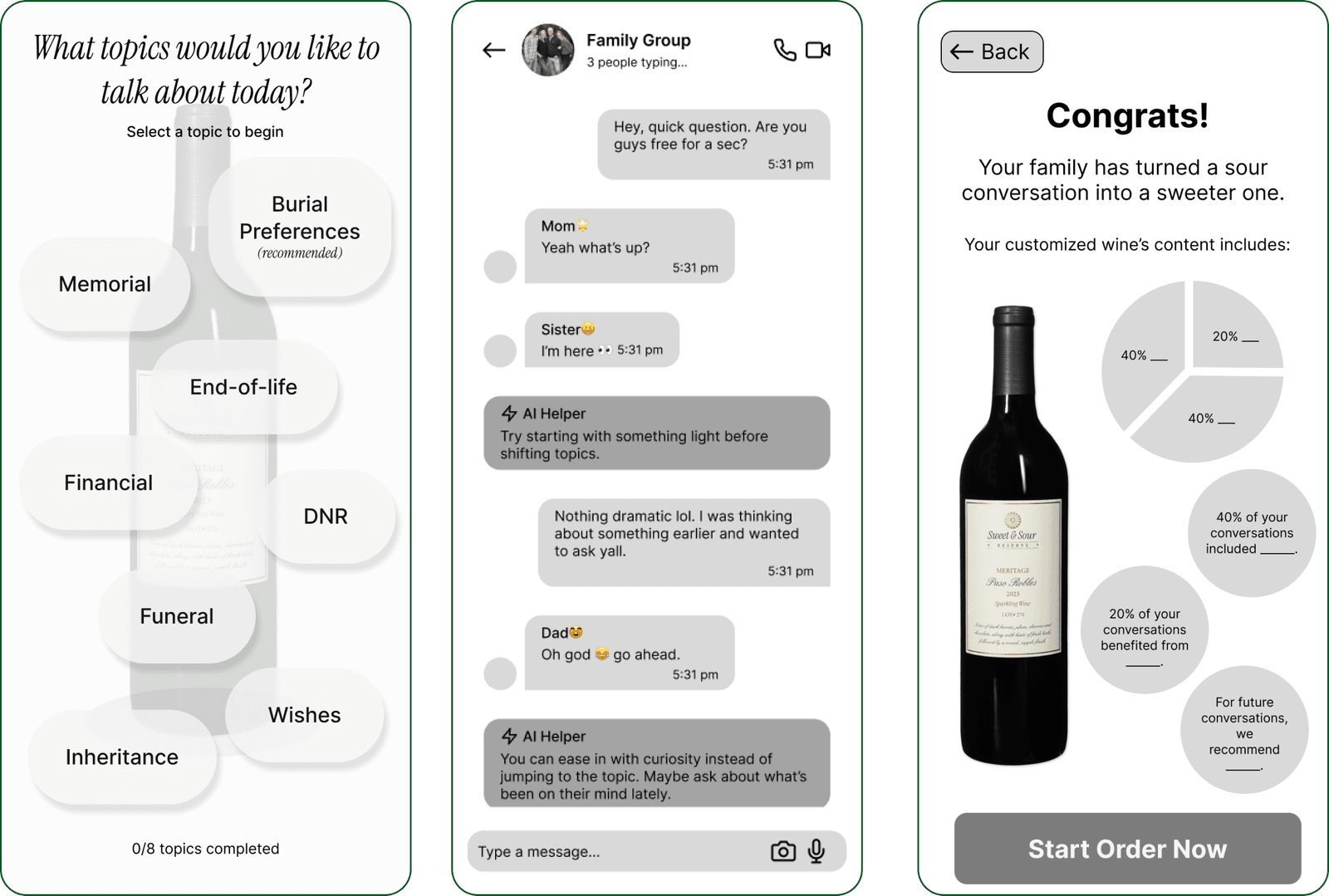 Wine-brewing concept: picking conversation topics, a family group chat, and a custom wine ready to order.